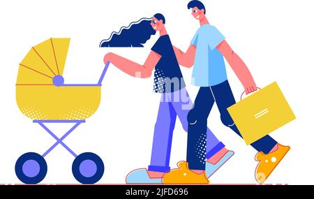 Composition de plat de shopping en famille avec des personnages de parents avec l'illustration de poussette de bébé vecteur Illustration de Vecteur
