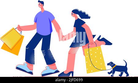 Composition plate pour les achats en famille avec personnages masculins et féminins avec sacs à provisions et illustration du vecteur chien Illustration de Vecteur