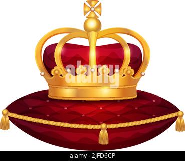 Composition de couronne dorée royale avec image isolée de couronne sur l'illustration vectorielle d'oreiller en velours rouge Illustration de Vecteur