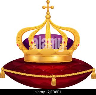 Composition de couronne dorée royale avec image isolée de couronne sur l'illustration vectorielle d'oreiller en velours rouge Illustration de Vecteur