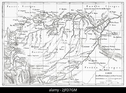 Carte du bassin de l'Amazone, Brésil. Amérique du Sud. Voyage à travers l'Amérique du Sud, de l'océan Pacifique à l'océan Atlantique par Paul Marcoy 1848-1860 depuis le Tour du monde 1867 Banque D'Images