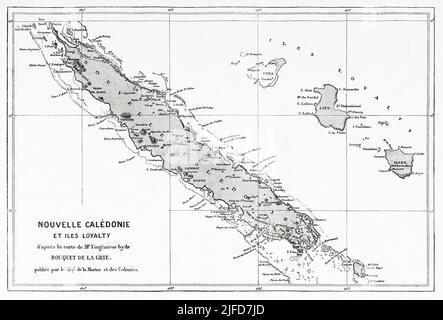 Ancienne carte de la Nouvelle-Calédonie et de l'île Loyalty, Nouvelle-Calédonie. Voyage en Nouvelle-Calédonie par Jules Garnier 1863-1866 au départ du Tour du monde 1867 Banque D'Images