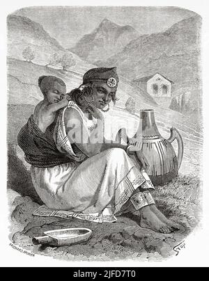 Kabyle femme avec son jeune fils sur le dos, Kabylie. Algérie du Nord, Afrique. Excursion en Grande Kabylie par le commandant Emile Duhousset 1864 depuis le Tour du monde 1867 Banque D'Images