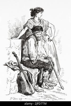 Guitariste Manchego et danseuse Albacete, Castilla la Mancha, Espagne. Europe. Voyages en Espagne par Gustave Dore et Jean Charles Davillier du Tour du monde 1867 Banque D'Images