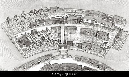 Ancien plan de l'île de Dejima, baie de Nagasaki. Japon, Asie. Voyage au Japon par aime Humbert 1863-1864 depuis le Tour du monde 1867 Banque D'Images