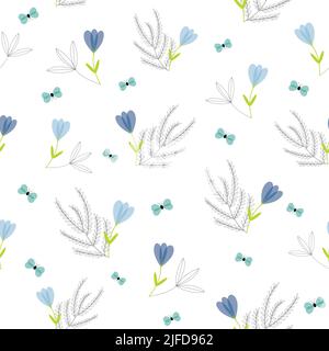 Jardin floral bleu vectoriel avec arbustes et papillons. Joli fond sans couture à motif de répétition. Illustration élégante dessinée à la main. Illustration de Vecteur