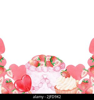 Bannière de bonbons à la fraise. Gâteau et cupcake. Place pour l'inscription. Illustration aquarelle. Isolé sur un fond blanc. Banque D'Images