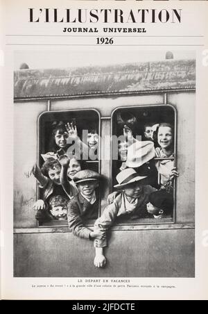 Page de garde eng traduction : LAISSER EN VACANCES le joyeux 'Au revoir!' À la grande ville d'une colonie de jeunes Parisiens envoyés à la campagne - original en français : LE DÉPART en VACANCES le joyeux « au revoir ! » À la grande ville d'une colonie de petits Parisiens envoyés à la campagne - extrait de 'l'Illustration Journal universel' - magazine illustré français - 1926 Banque D'Images