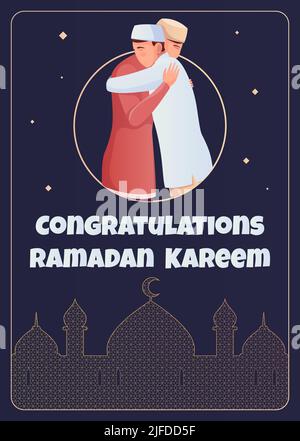 Carte de vœux à plat de Ramadan avec deux musulmans étreignants et une silhouette de mosquée à l'illustration du vecteur de nuit Illustration de Vecteur