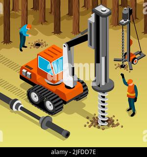 Machines de forage d'exploration géotechnique composition isométrique avec des ingénieurs travailleurs effectuant l'échantillonnage des sols forestiers vecteur de test des eaux souterraines illus Illustration de Vecteur