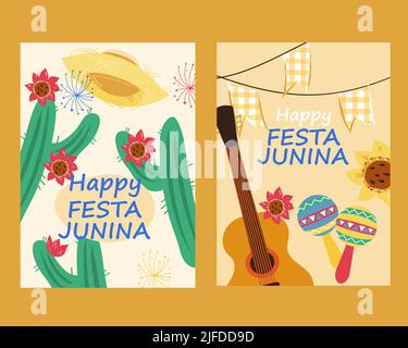 Ensemble de cartes de vœux Festa Junina et d'affiches de fête, illustration vectorielle plate. Festa Junina Brésil festival design pour une invitation de fête ou Hol Illustration de Vecteur