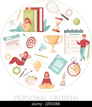 Composition ronde d'auto-développement de croissance personnelle avec icônes isolées de productivité à l'intérieur d'un cercle avec illustration vectorielle de texte modifiable Illustration de Vecteur