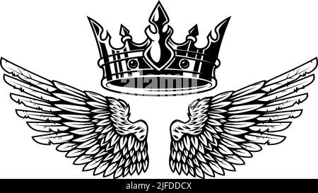 Illustration de la couronne de roi et des ailes en style monochrome. Élément design pour logo, emblème, affiche, affiche, t-shirt. Illustration vectorielle Illustration de Vecteur