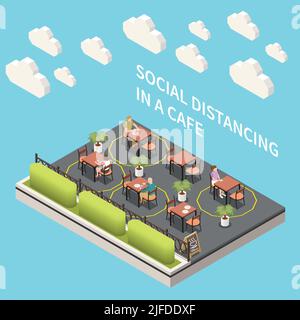 Composition isométrique de distanciation sociale avec texte modifiable et personnes assises à des tables avec des montants de distance marqués illustration vectorielle Illustration de Vecteur