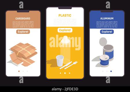 Recyclage des déchets trois bannières verticales avec carton plastique aluminium Isométrique icônes illustration vectorielle isolée Illustration de Vecteur