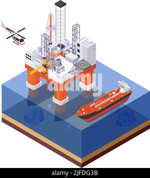 Industrie pétrolière composition isométrique avec vue de la plate-forme de structure en mer avec illustration de vecteur de navire et d'hélicoptère volant Illustration de Vecteur