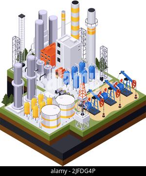 Industrie pétrolière composition isométrique avec pompes à huile et tuyaux avec réservoirs de stockage et bâtiments d'usine illustration vectorielle Illustration de Vecteur