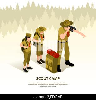 Scouts isométriques fond avec un mentor adulte regardant à travers des jumelles à la zone environnante à la recherche de l'illustration du vecteur de camp Illustration de Vecteur