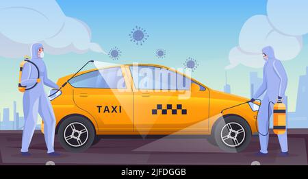 Personnes masquées désinfectant la voiture de taxi jaune illustration vectorielle plate Illustration de Vecteur