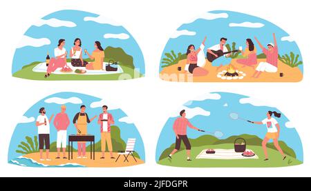 Ensemble plat de quatre compositions colorées avec des personnes ayant barbecue et pique-nique à l'extérieur illustration vectorielle isolée Illustration de Vecteur