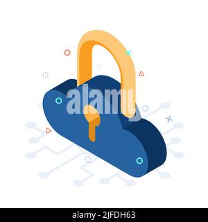 Nuage isométrique plat 3D avec verrou et trou de serrure. Concept de Cloud Computing. Illustration de Vecteur