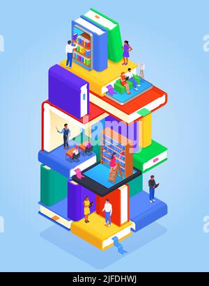 Bibliothèque numérique en ligne isométrique concept coloré abstrait bâtiment multi-étages avec des planchers dédiés à la lecture divers sujets liés vecteur illustr Illustration de Vecteur