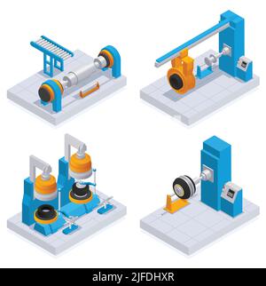 L'icône isométrique de couleur pour le service de production de pneus présente quatre machines de fabrication de pneus différentes dans l'illustration vectorielle d'usine Illustration de Vecteur