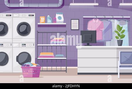 Buanderie automatique intérieur dessin animé composition commerciale lave-linge sèche-linge client panier cintres rack réception bureau illustration vectorielle Illustration de Vecteur