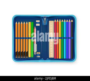 Étui à crayons ouvert réaliste de couleur bleue avec divers accessoires scolaires pour l'écriture et le dessin d'illustrations vectorielles Illustration de Vecteur
