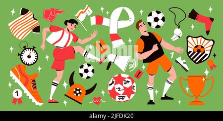Grand jeu plat avec deux joueurs de football équipement de sport et des attributs de ventilateur isolés sur fond vert illustration vectorielle Illustration de Vecteur
