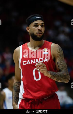 Hamilton, Canada, 01 juillet 2022 : Kassius Robertson d'équipe Canada pendant le match de qualification de la coupe du monde de la FIBA (fenêtre 3) contre la République dominicaine au First Ontario Centre à Hamilton, Canada. Le Canada a gagné le match avec les points 95-75. Credit: Phamai Techaphan/Alamy Live News Banque D'Images