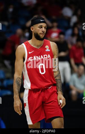 Hamilton, Canada, 01 juillet 2022 : Kassius Robertson d'équipe Canada pendant le match de qualification de la coupe du monde de la FIBA (fenêtre 3) contre la République dominicaine au First Ontario Centre à Hamilton, Canada. Le Canada a gagné le match avec les points 95-75. Credit: Phamai Techaphan/Alamy Live News Banque D'Images