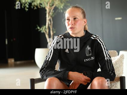 Tubize, Belgique. 02nd juillet 2022. Feli Delacauw de Belgique photographié lors d'une conférence de presse de l'équipe nationale féminine de football belge les flammes rouges, samedi 02 juillet 2022 à Tubize. Les flammes rouges se préparent pour les prochains championnats d'Europe des femmes Euro 2022 en Angleterre. BELGA PHOTO DAVID CATRY crédit: Belga News Agency/Alay Live News Banque D'Images