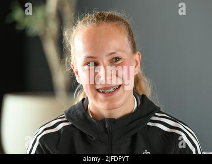 Tubize, Belgique. 02nd juillet 2022. Feli Delacauw de Belgique photographié lors d'une conférence de presse de l'équipe nationale féminine de football belge les flammes rouges, samedi 02 juillet 2022 à Tubize. Les flammes rouges se préparent pour les prochains championnats d'Europe des femmes Euro 2022 en Angleterre. BELGA PHOTO DAVID CATRY crédit: Belga News Agency/Alay Live News Banque D'Images