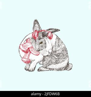 Lapin tiré à la main dans un foulard rouge d'hiver, couvre-oreilles. Symbole lapin nouvel an chinois 2023. Décoration de Noël. Tatouage art. Gravure d'esquisse noir et blanc Illustration de Vecteur