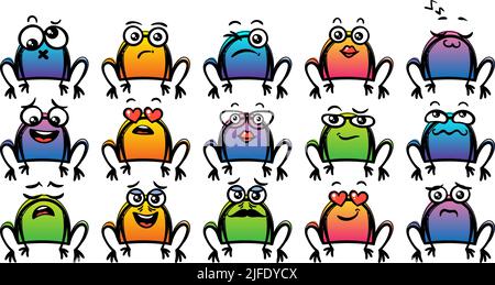 Divers ensemble de grenouilles à dessin animé. Doodle visages, yeux et bouche. Caricature expressive comic émotions, sourire, pleurs et surprise caractère visage expression Illustration de Vecteur