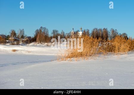 Rive de rivière surcultivée avec une grande herbe sèche près du village lors d'une journée d'hiver Banque D'Images