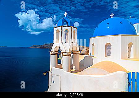 Les églises en dôme bleu d'Oia, Santorini, Grèce Banque D'Images