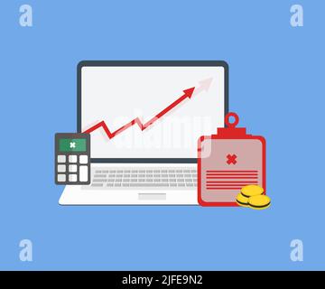 Schéma d'augmentation du taux de gonflage de l'écran de l'ordinateur portable. Logo inflation et stagnation. Croissance financière, hausse des taux d'intérêt, inflation. Illustration de Vecteur