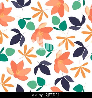 Motif botanique sans couture avec feuilles et fleurs sur fond blanc. Feuilles et fleurs fonds d'écran. Fond de fleurs Banque D'Images