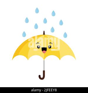Joli parapluie ouvert avec icône emoji représentant un personnage de dessin animé en forme de goutte de pluie. Illustration de Vecteur