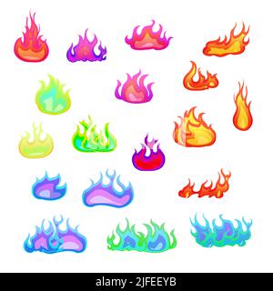 Grand ensemble de feu lumineux magickal flamme, chaud magie éléments de flaming isolés sur blanc Illustration de Vecteur