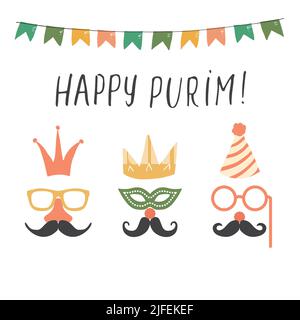 Lettrage Happy Purim, vacances juives et elemets traditionnels. Illustration vectorielle. Illustration de Vecteur