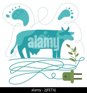 Concept d'empreinte carbone avec vache et électricité. Les sources polluaient le monde. Problème mondial avec les grandes émissions CO2. Illustration vectorielle verte Illustration de Vecteur