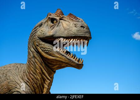 Il y a tant de statues de dinosaures à Drumheller, la capitale mondiale des dinosaures, l'Alberta, au Canada Banque D'Images