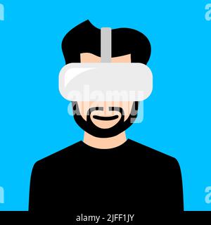 L'homme et l'homme utilisent un casque de réalité virtuelle sur sa tête. Technologie et dispositif cybernétiques AR et VR modernes. Illustration vectorielle isolée sur une base simple Banque D'Images