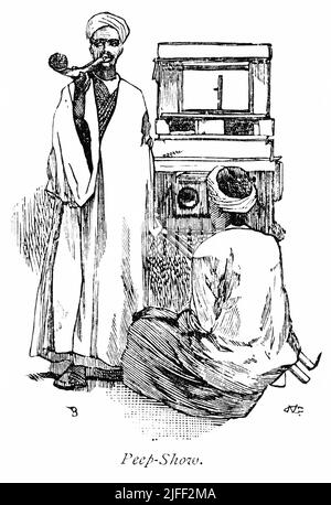 'PEP-Show', Picture-box et Puppet Theatre, Alexandrie, Illustration du livre, 'de Pharaon à Fellah' par C.F. Moberly Bell avec des illustrations de Georges Montbard, gravées par Charles Barbant, Wells Gardner, Darton, & Co., Londres, 1888 Banque D'Images