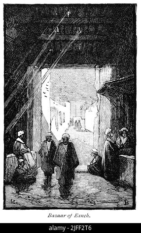 Bazar d'Esneh (Esna), illustration du Livre, 'de Pharaon à Fella' par C.F. Moberly Bell avec des illustrations de Georges Montbard, gravées par Charles Barbant, Wells Gardner, Darton, & Co., Londres, 1888 Banque D'Images