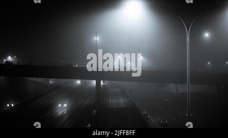 Une photo en niveaux de gris de la circulation nocturne sous un pont avec des feux de rue allumés Banque D'Images