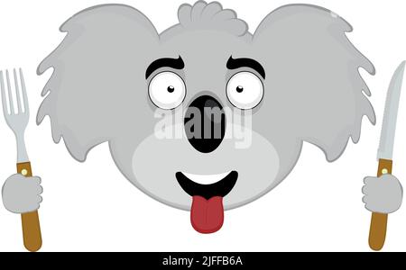 Illustration vectorielle du visage d'un dessin animé koala avec un couteau et une fourchette en main, avec une expression délicieuse Illustration de Vecteur